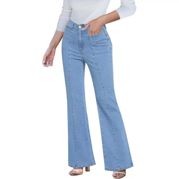 imageluvamia Flare Jeans for Women High Waisted Wide Leg Trendy Seamed Front Stretchy Denim Jean Pants Pockets Trouser JeansRoadknight Blue