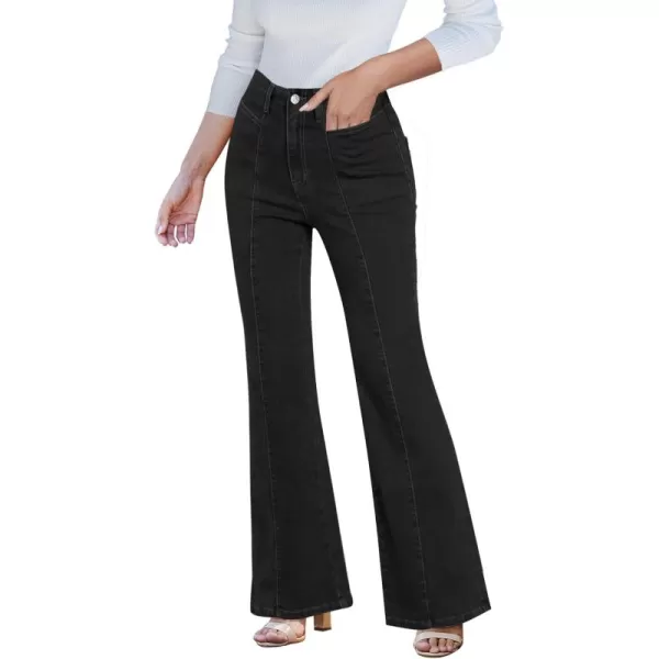 imageluvamia Flare Jeans for Women High Waisted Wide Leg Trendy Seamed Front Stretchy Denim Jean Pants Pockets Trouser JeansWashed Black