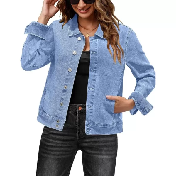 luvamia Jean Jacket Women Fashion Dressy Casual Long Sleeve Stretchy Denim Jackets Western Shacket Jacket with PocketsLakeside Blue