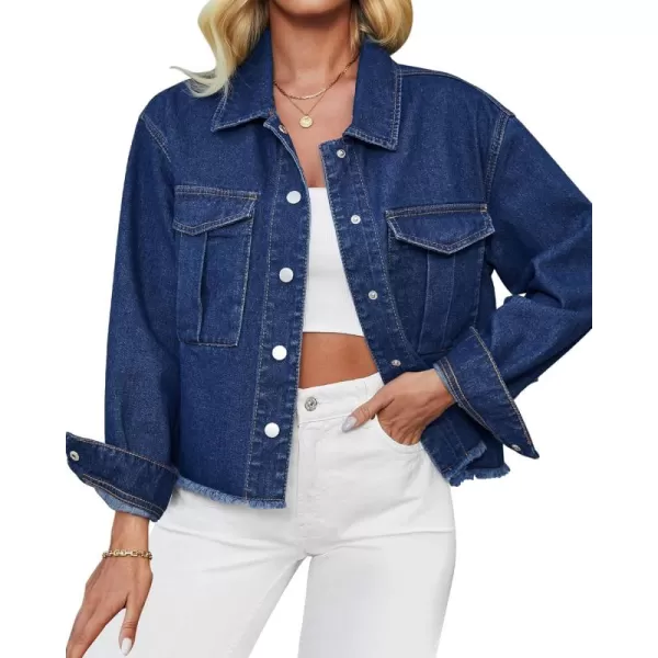 luvamia Jean Jacket Women Trendy Oversized Denim Jacket Raw Hem Long Sleeves Fashion Casual Jackets Shacket with PocketsClassic Blue