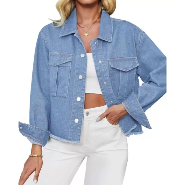 luvamia Jean Jacket Women Trendy Oversized Denim Jacket Raw Hem Long Sleeves Fashion Casual Jackets Shacket with PocketsDaylight Blue