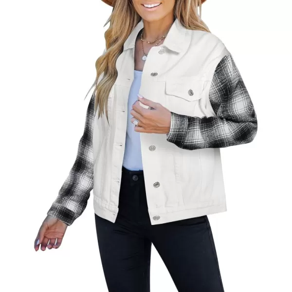 luvamia Jean Jackets for Women Fashion Flannel Plaid Shacket Jacket Oversized Button Down Trucker Denim Shirt JacketsOff White  Black Plaid