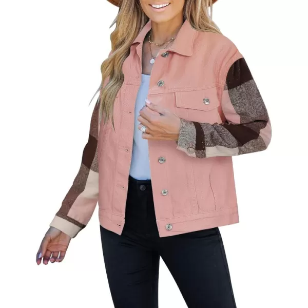 luvamia Jean Jackets for Women Fashion Flannel Plaid Shacket Jacket Oversized Button Down Trucker Denim Shirt JacketsPink  Pink Plaid