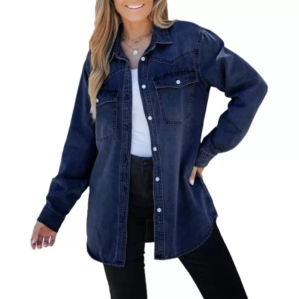 luvamia Long Denim Jacket for Women Lightweight Trendy Jean Button Down Shirts Jackets Oversized Shackets with PocketsBlue Plunge