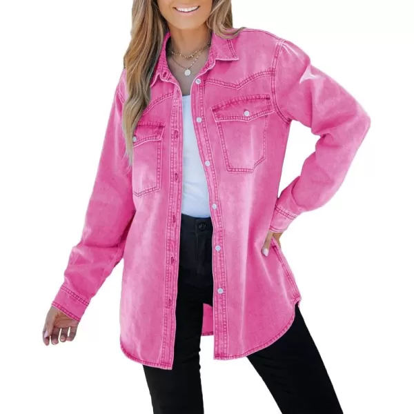 luvamia Long Denim Jacket for Women Lightweight Trendy Jean Button Down Shirts Jackets Oversized Shackets with PocketsCarnation Pink