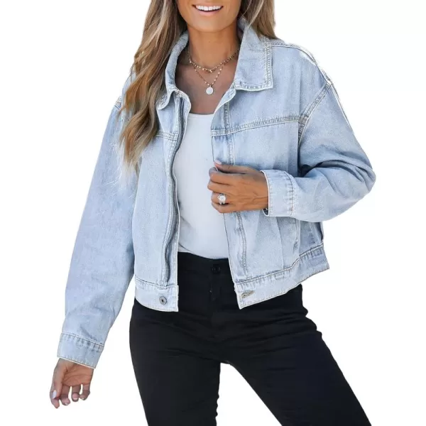 luvamia Oversized Jean Jacket Women Cropped Zip Up Denim Jackets Lightweight Trucker Shacket with Pockets Western TrendyBlue Breeze