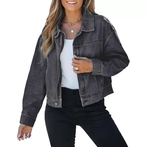 luvamia Oversized Jean Jacket Women Cropped Zip Up Denim Jackets Lightweight Trucker Shacket with Pockets Western TrendyVintage Black