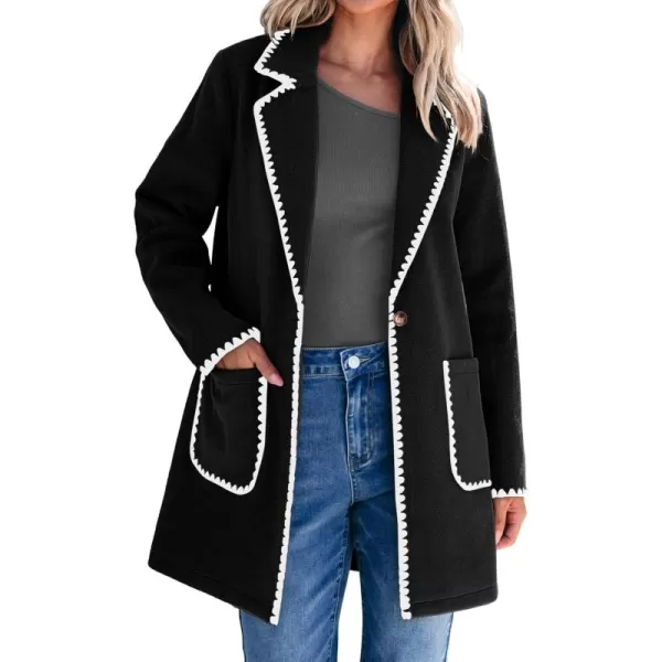 luvamia Pea Coats for Women Trendy Embroidered Contrast Trim Long Peacoat Jackets Lapel Button Winter Coat with PocketsBlack