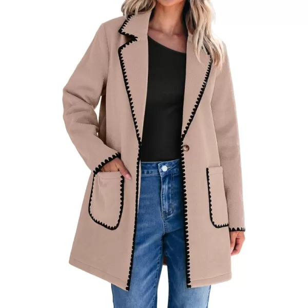 luvamia Pea Coats for Women Trendy Embroidered Contrast Trim Long Peacoat Jackets Lapel Button Winter Coat with PocketsCamel