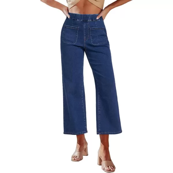 imageluvamia Wide Leg Jeans for Women Pull On Trendy High Waisted Cropped Jeans Denim Pants Stretchy Baggy with Patch PocketsClassic Blue