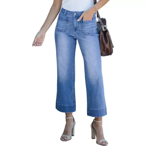 imageluvamia Wide Leg Jeans for Women Trendy High Waisted Flare Jeans Cropped Denim Pants Stretchy Baggy with Patch PocketsClassic Blue