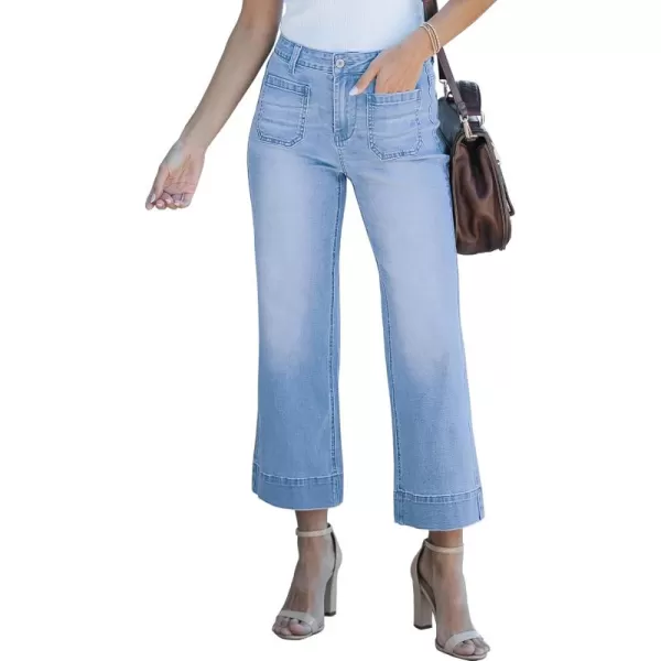 imageluvamia Wide Leg Jeans for Women Trendy High Waisted Flare Jeans Cropped Denim Pants Stretchy Baggy with Patch PocketsLakeside Blue