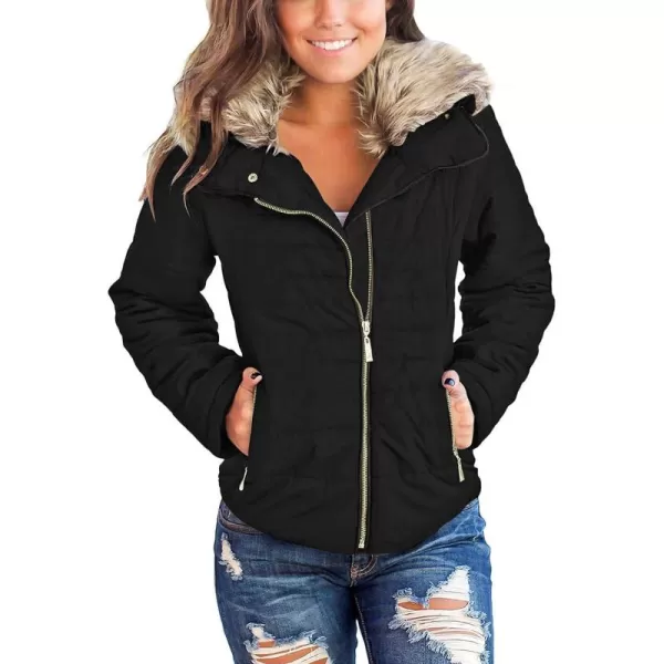 luvamia Women Casual Warm Winter Faux Fur Quilted Parka Lapel Zip Jacket Puffer CoatB Black With Fur Lapel