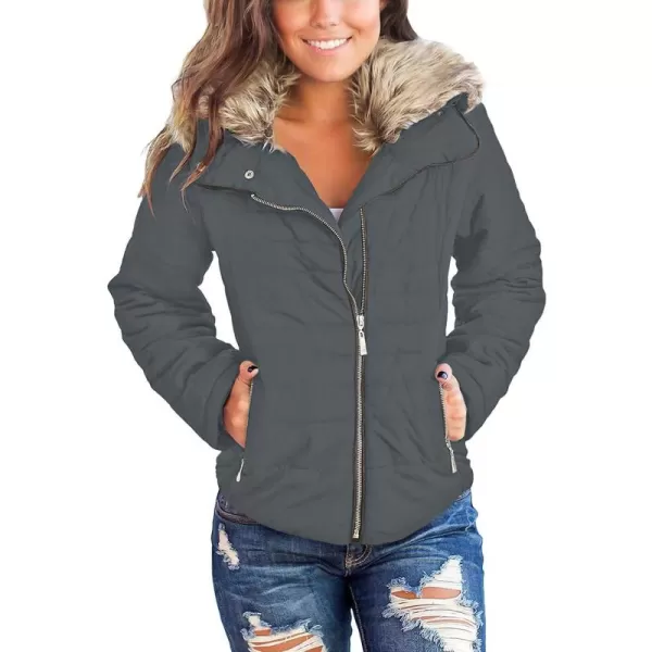 luvamia Women Casual Warm Winter Faux Fur Quilted Parka Lapel Zip Jacket Puffer CoatC Odyssey Grey With Fur Lapel