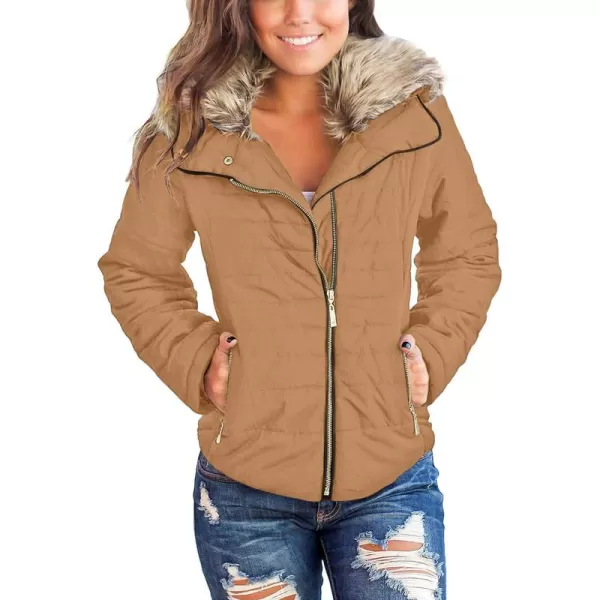 luvamia Women Casual Warm Winter Faux Fur Quilted Parka Lapel Zip Jacket Puffer CoatD Almond Brown With Fur Lapel