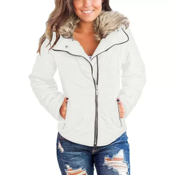 luvamia Women Casual Warm Winter Faux Fur Quilted Parka Lapel Zip Jacket Puffer CoatD Brilliant White With Fur Lapel