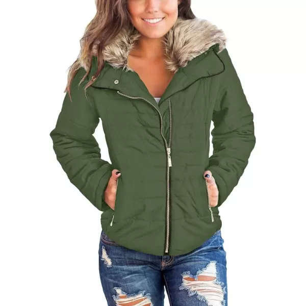 luvamia Women Casual Warm Winter Faux Fur Quilted Parka Lapel Zip Jacket Puffer CoatD Broute Green With Fur Lapel