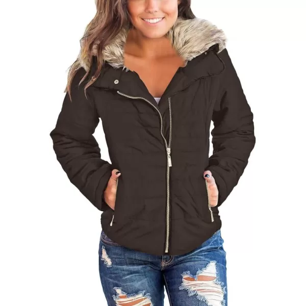 luvamia Women Casual Warm Winter Faux Fur Quilted Parka Lapel Zip Jacket Puffer CoatDark Oak