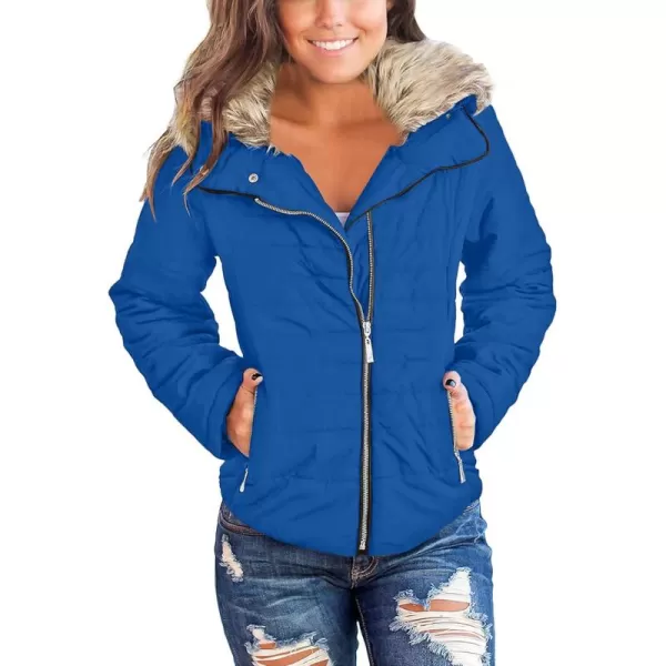 luvamia Women Casual Warm Winter Faux Fur Quilted Parka Lapel Zip Jacket Puffer CoatDirectorire Blue