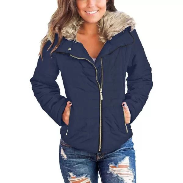 luvamia Women Casual Warm Winter Faux Fur Quilted Parka Lapel Zip Jacket Puffer CoatE Estate Blue With Fur Lapel