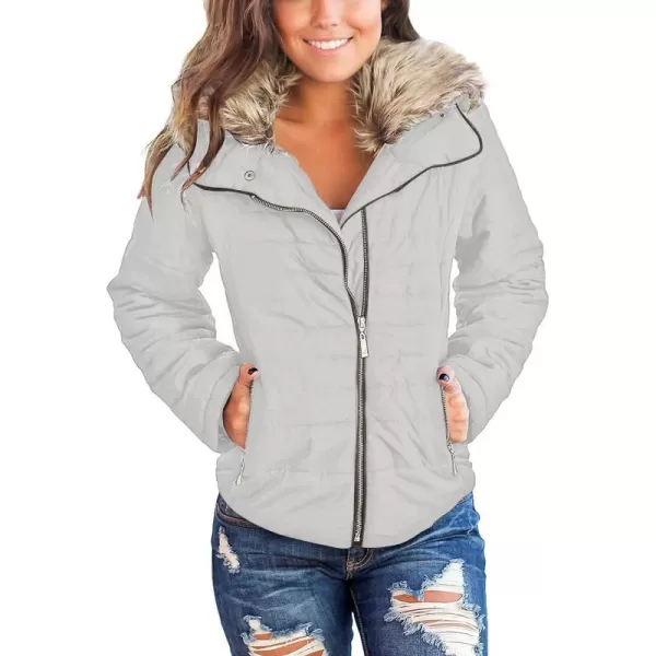 luvamia Women Casual Warm Winter Faux Fur Quilted Parka Lapel Zip Jacket Puffer CoatE Glacier Grey With Fur Lapel