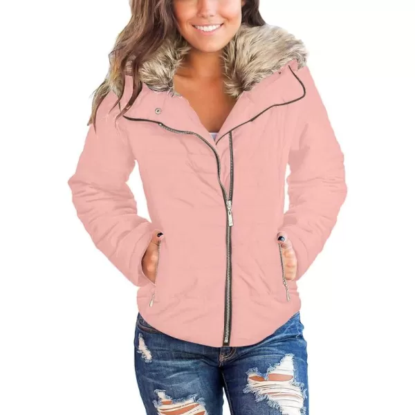 luvamia Women Casual Warm Winter Faux Fur Quilted Parka Lapel Zip Jacket Puffer CoatE Powder Pink With Fur Lapel