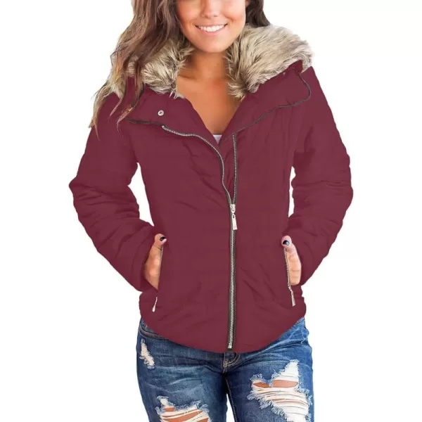 luvamia Women Casual Warm Winter Faux Fur Quilted Parka Lapel Zip Jacket Puffer CoatE Tawny Port With Fur Lapel