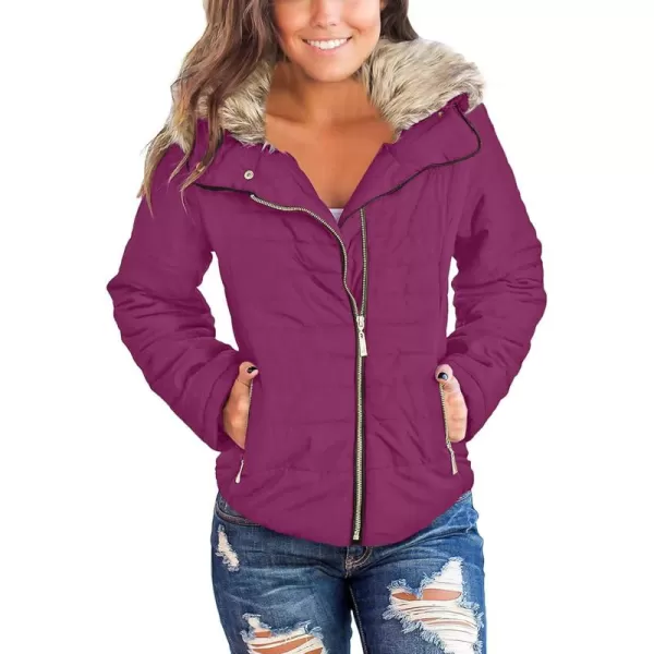 luvamia Women Casual Warm Winter Faux Fur Quilted Parka Lapel Zip Jacket Puffer CoatPurple Wine