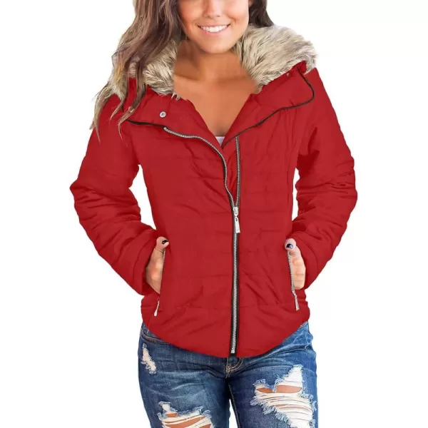 luvamia Women Casual Warm Winter Faux Fur Quilted Parka Lapel Zip Jacket Puffer CoatTrue Red