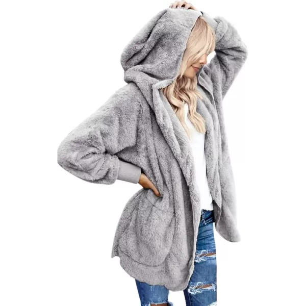 luvamia Women Fuzzy Fleece Open Front Pockets Hooded Cardigan Jacket Coat OutwearA Quite Gray