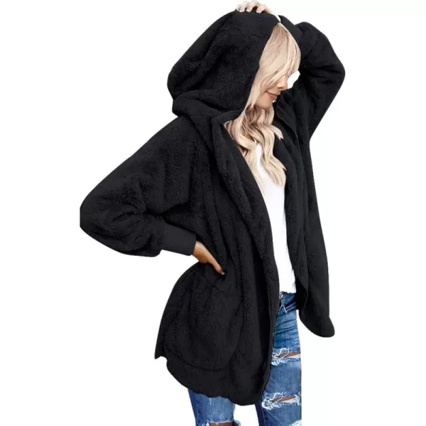 luvamia Women Fuzzy Fleece Open Front Pockets Hooded Cardigan Jacket Coat OutwearB Black