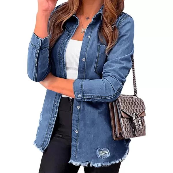 luvamia Womens Denim Jacket Distressed Button Down Jean Shirt For Women Ripped Shacket CoatBclassic Blue