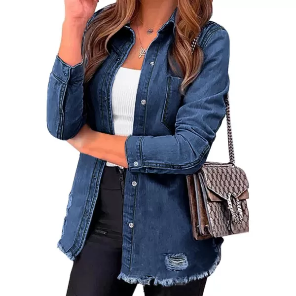 luvamia Womens Denim Jacket Distressed Button Down Jean Shirt For Women Ripped Shacket CoatCnightfall Blue