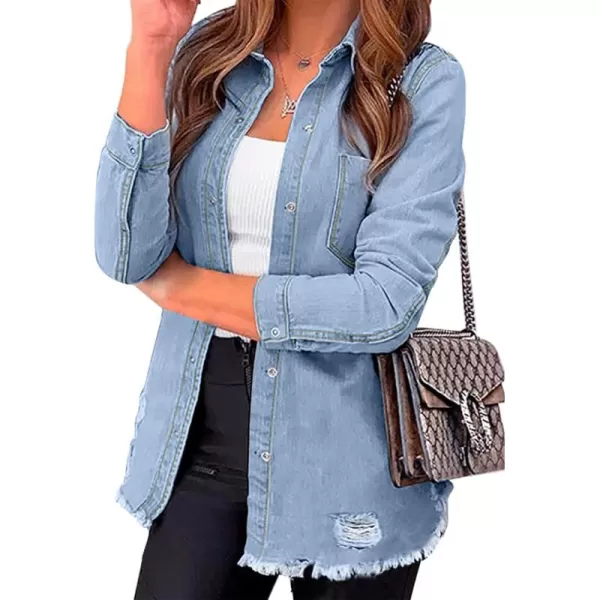 luvamia Womens Denim Jacket Distressed Button Down Jean Shirt For Women Ripped Shacket CoatEcool Blue