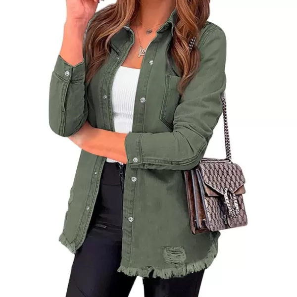 luvamia Womens Denim Jacket Distressed Button Down Jean Shirt For Women Ripped Shacket CoatElm Green