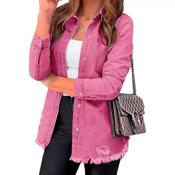 luvamia Womens Denim Jacket Distressed Button Down Jean Shirt For Women Ripped Shacket CoatHot Pink