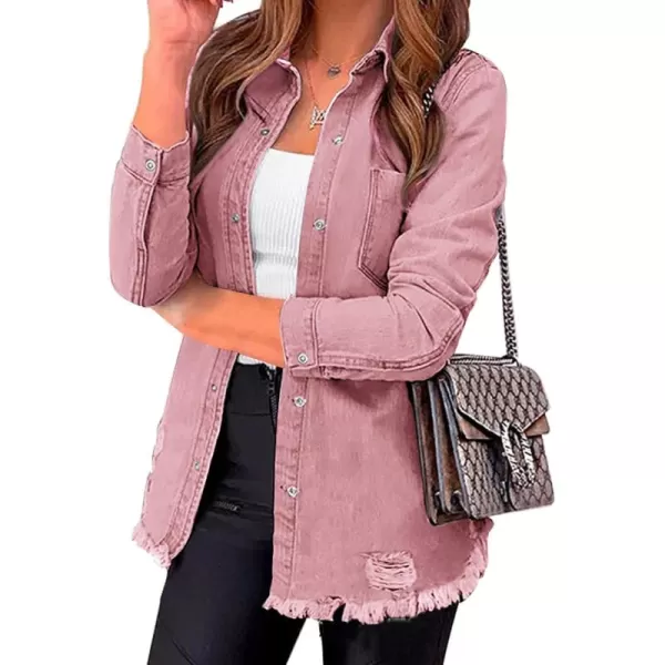 luvamia Womens Denim Jacket Distressed Button Down Jean Shirt For Women Ripped Shacket CoatPink