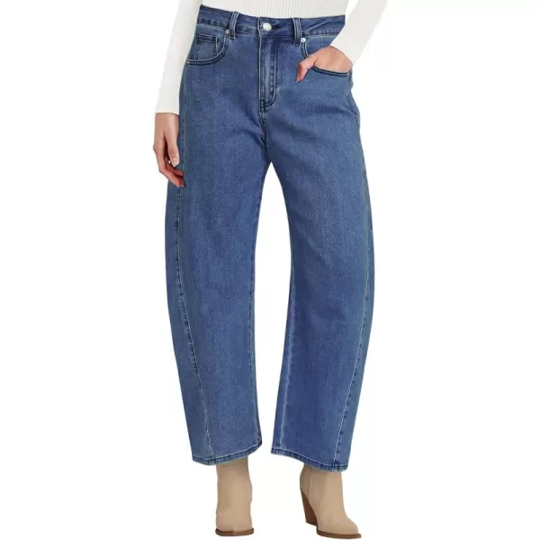 imageluvamia Barrel Jeans for Women High Waisted Trendy Baggy Stretch Denim Side Seamed Trouser Jeans Loose Fit Jean PantsMedium Blue