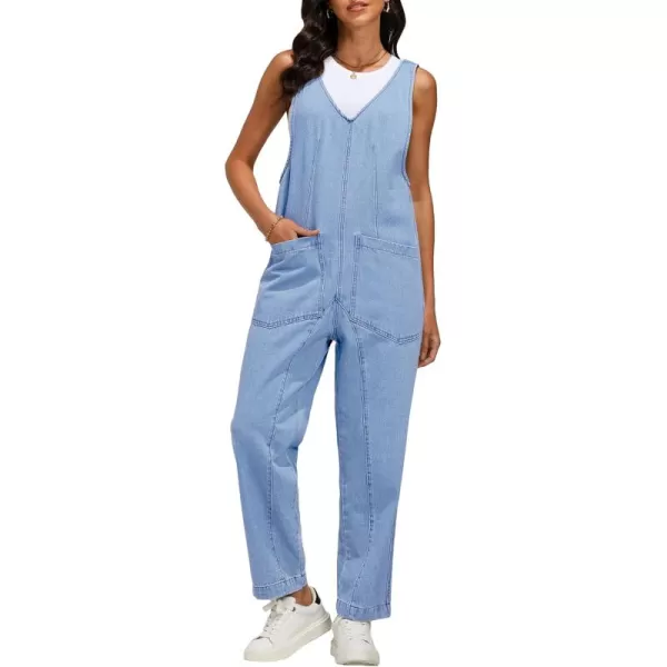 imageluvamia Jean Overalls for Women Sleeveless Denim Jumpsuit Casual Baggy Overall Jumpsuits Loose Fit Jumpers with PocketsIce Blue