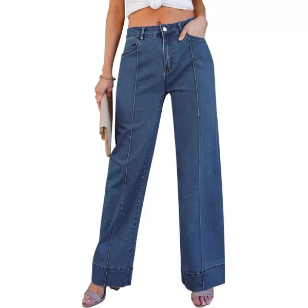 imageluvamia Wide Leg Jeans for Women Trendy High Waist Straight Leg Baggy Jeans Stretchy Denim Pants Trouser JeansVintage Dark Blue