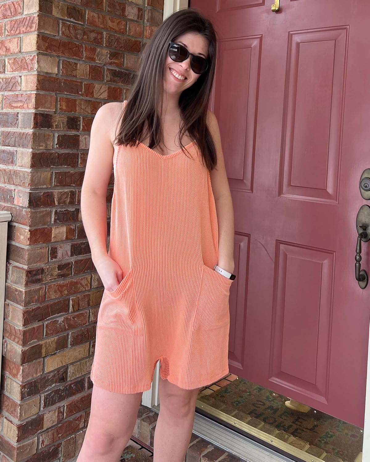 imageluvamia Rompers for Women Sleeveless Summer Short Jumpsuits Adjustable Straps Overall Shorts Resort Wear Vacation OutfitCoral