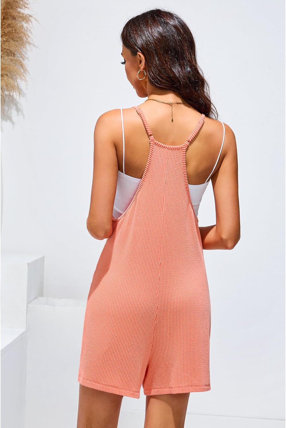 imageluvamia Rompers for Women Sleeveless Summer Short Jumpsuits Adjustable Straps Overall Shorts Resort Wear Vacation OutfitCoral