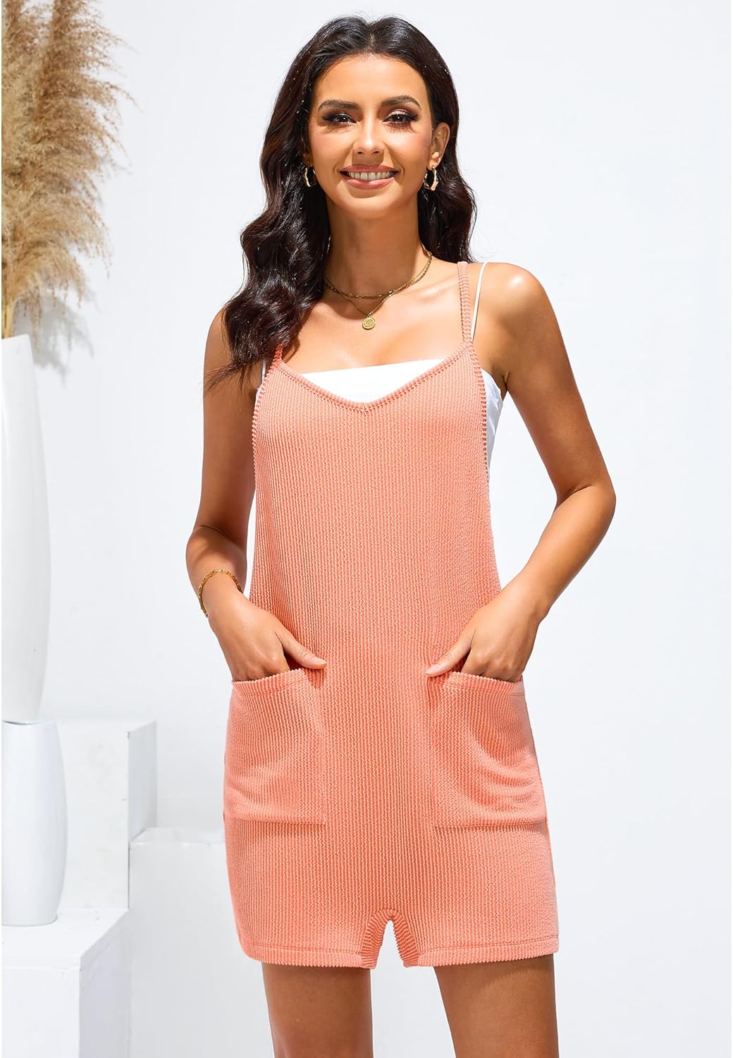 imageluvamia Rompers for Women Sleeveless Summer Short Jumpsuits Adjustable Straps Overall Shorts Resort Wear Vacation OutfitCoral