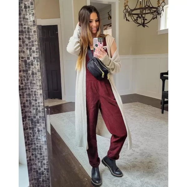 imageluvamia Corduroy Overalls for Women Adjustable Straps Fashion Bib Overall Jumpsuit with Pocket Tapered Leg Trendy 90sTawny Port