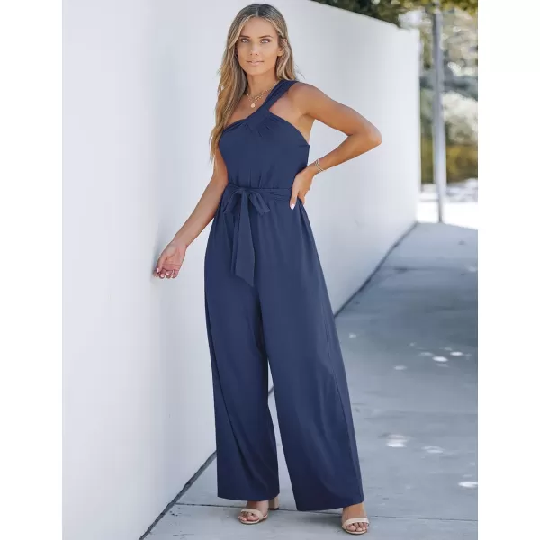 imageluvamia One Shoulder Jumpsuits for Women Dressy Casual Wide Leg Baggy Jumpsuit Overalls with Pocket Belted Comfy Long RompersDark Blue