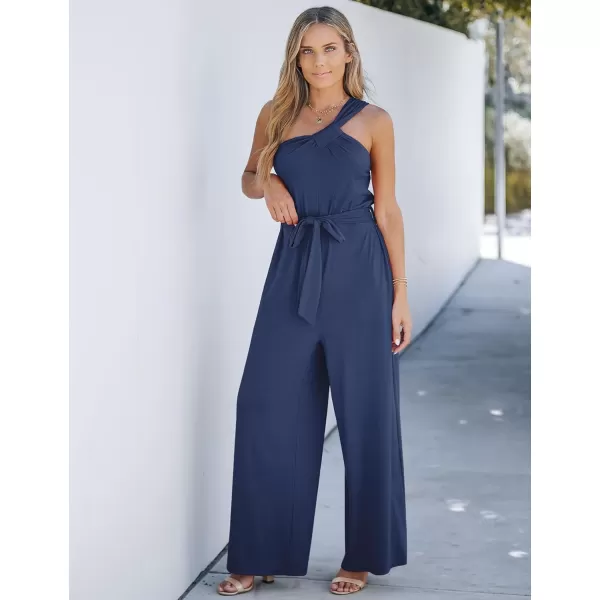 imageluvamia One Shoulder Jumpsuits for Women Dressy Casual Wide Leg Baggy Jumpsuit Overalls with Pocket Belted Comfy Long RompersDark Blue