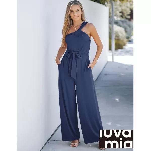 imageluvamia One Shoulder Jumpsuits for Women Dressy Casual Wide Leg Baggy Jumpsuit Overalls with Pocket Belted Comfy Long RompersDark Blue