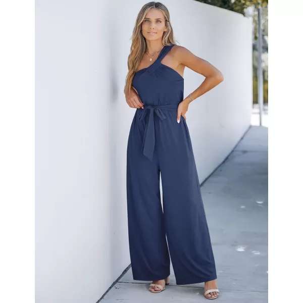 imageluvamia One Shoulder Jumpsuits for Women Dressy Casual Wide Leg Baggy Jumpsuit Overalls with Pocket Belted Comfy Long RompersDark Blue