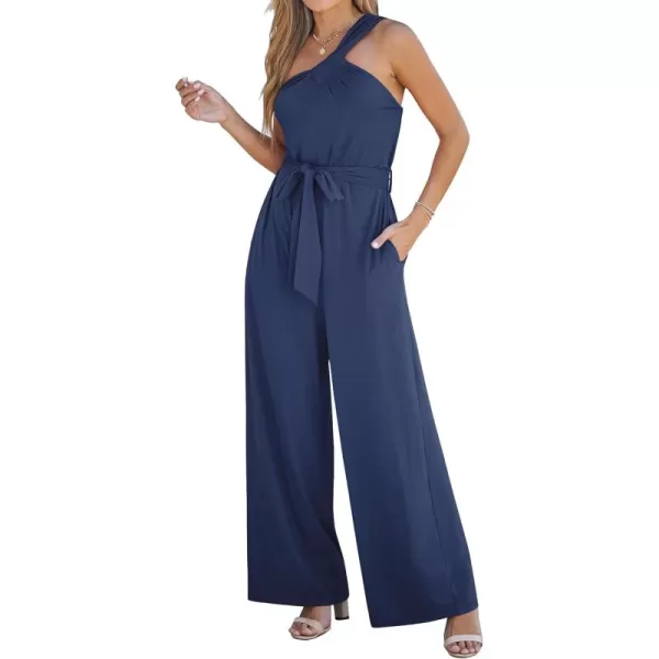 imageluvamia One Shoulder Jumpsuits for Women Dressy Casual Wide Leg Baggy Jumpsuit Overalls with Pocket Belted Comfy Long RompersDark Blue