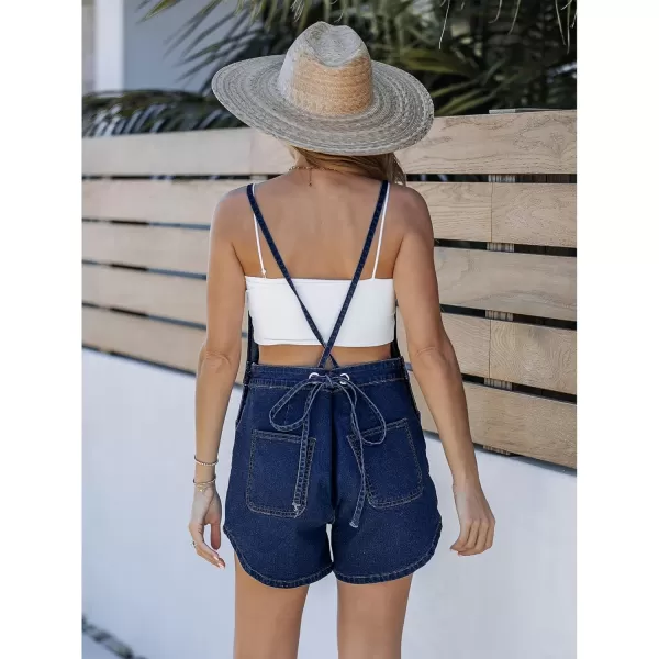 imageluvamia Denim Overall Shorts for Women Loose Fit Baggy Adjustable Tie Back Bib Jean Overalls Casual Curve Hem ShortallsDarkness Blue